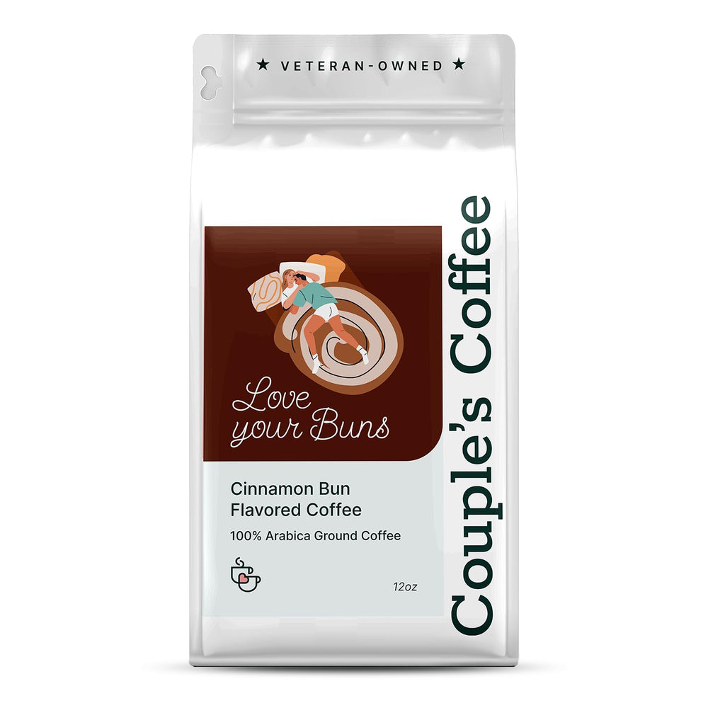Couples Coffee Co cinnamon bun ground coffee bag front view for rich flavor