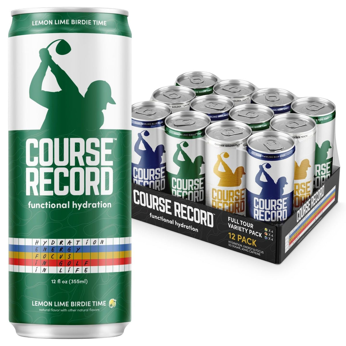 COURSE RECORD Variety Pack cans front view for on-course hydration.