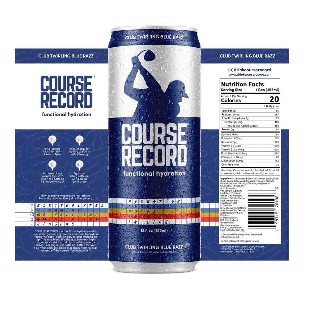 COURSE RECORD Variety Pack cans side view highlighting convenient, ready-to-drink format.