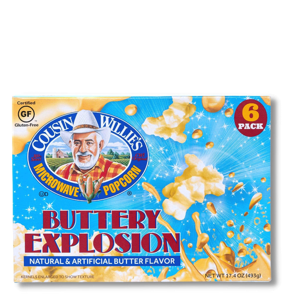 Cousin Willie's Buttery Explosion popcorn bags ready for a quick, indulgent snack.