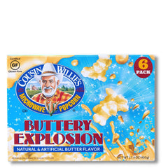 Cousin Willie's Buttery Explosion popcorn bags ready for a quick, indulgent snack.