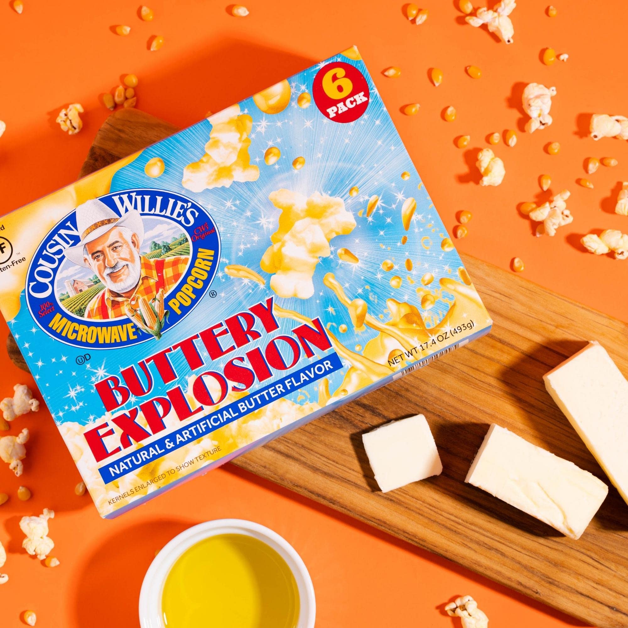 Cousin Willie's buttery popcorn close-up shows golden, rich butter notes.