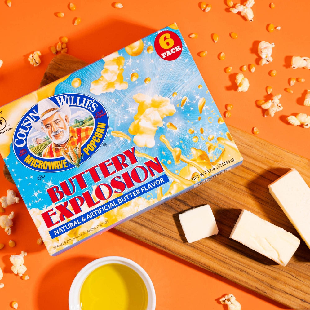 Cousin Willie's buttery popcorn close-up shows golden, rich butter notes.