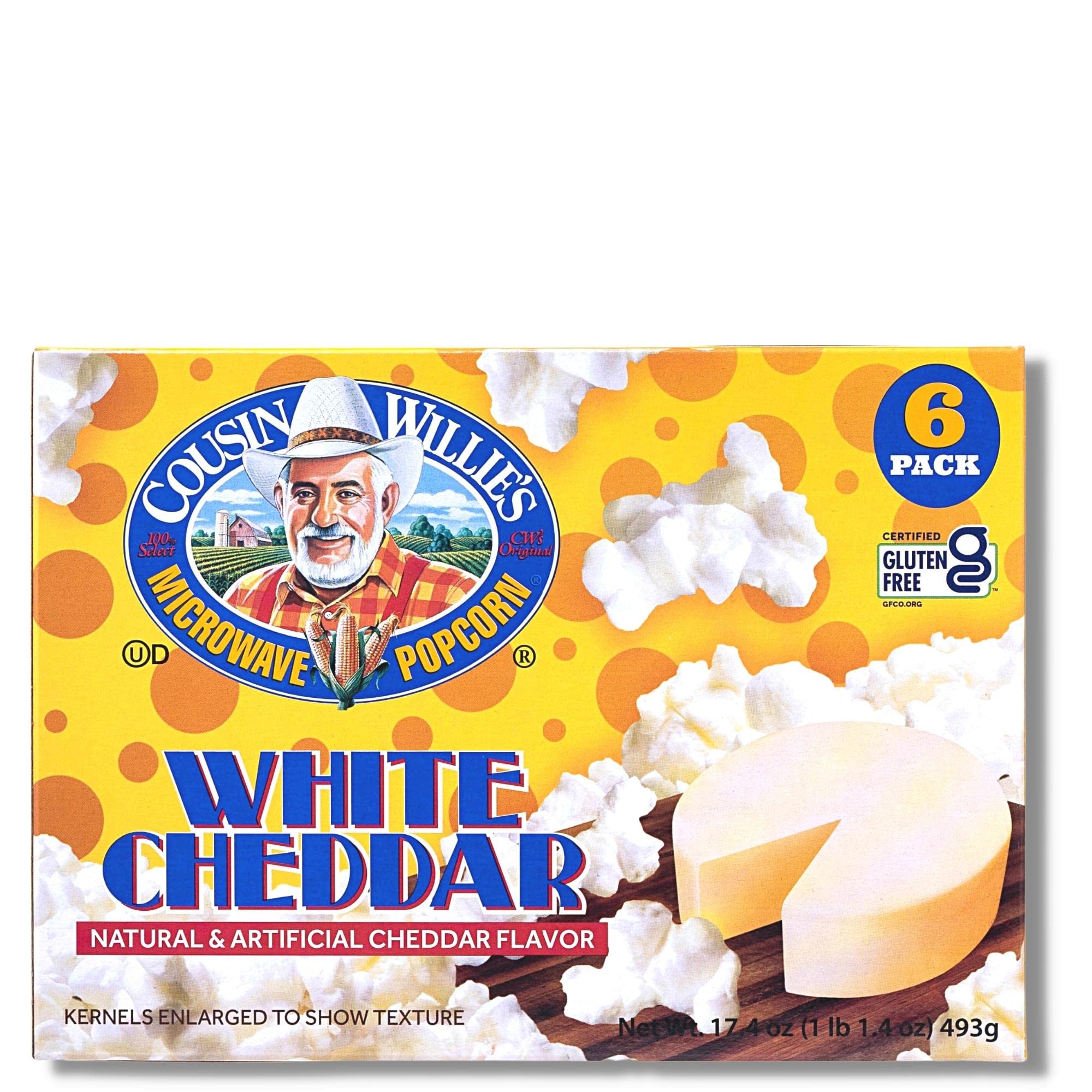 Cousin Willie's White Cheddar popcorn box with 6 bags, convenient party snack