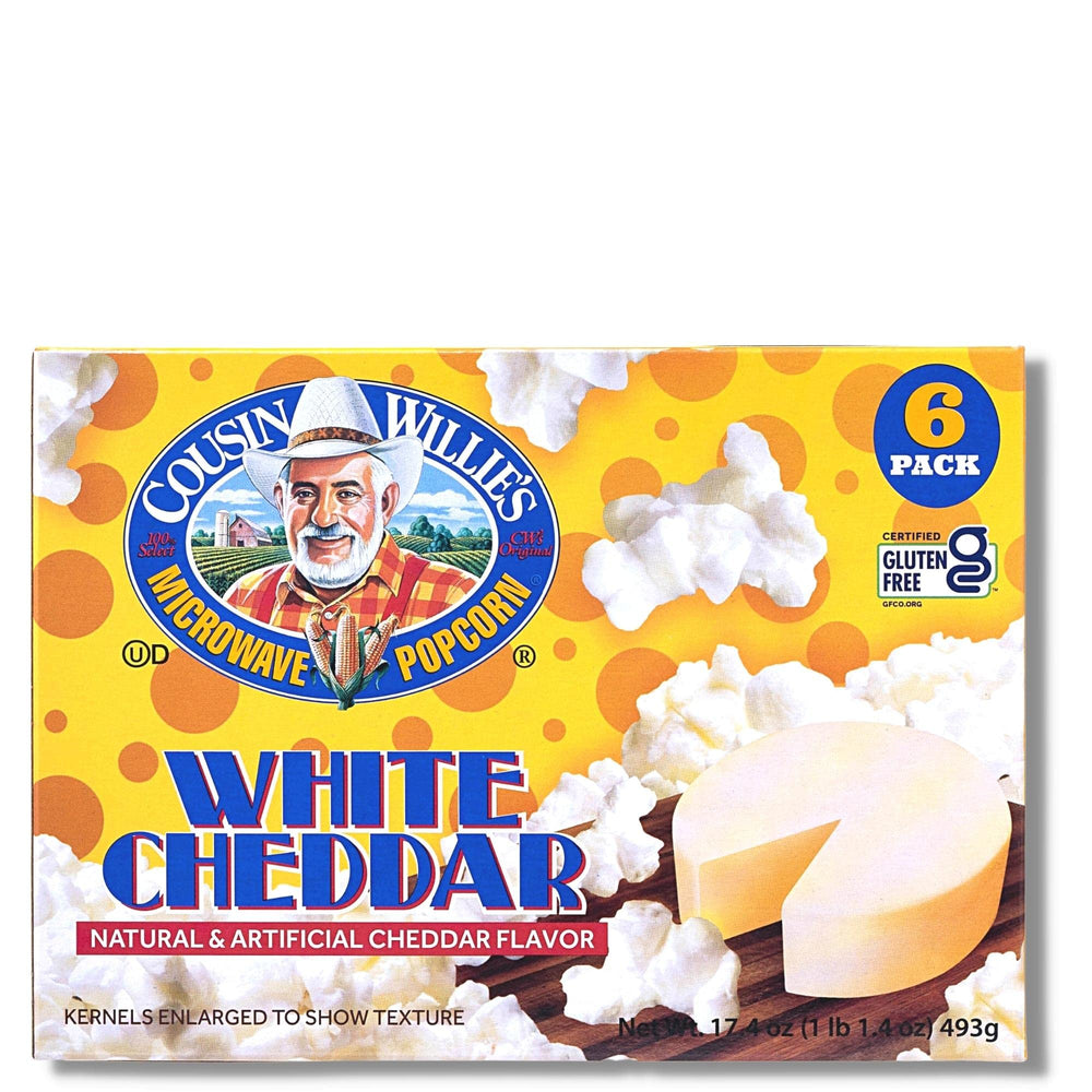 Cousin Willie's White Cheddar popcorn box with 6 bags, convenient party snack
