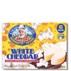Cousin Willie's White Cheddar popcorn box with 6 bags, convenient party snack
