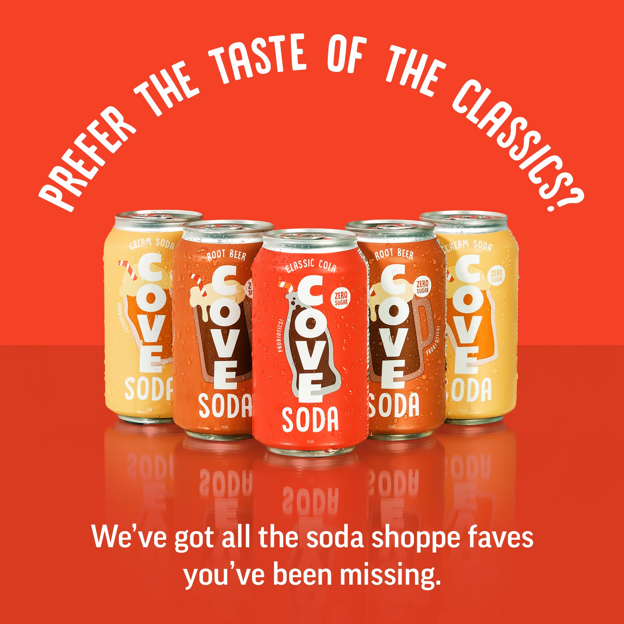 Cove Soda Cola can highlighting zero sugar, probiotics, and caffeine-free fizz.