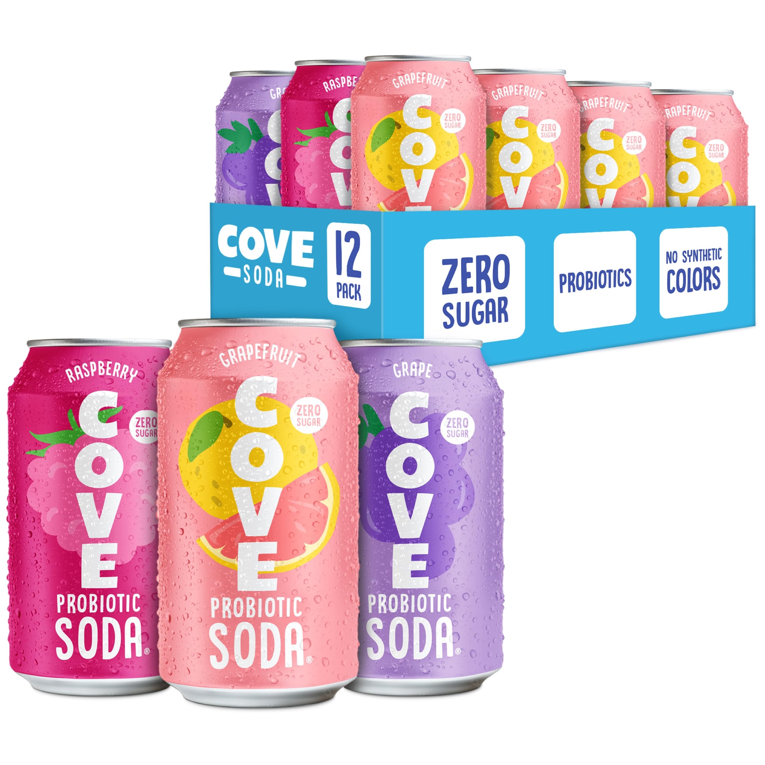Cove Soda Raspberry can showcasing probiotic goodness and zero sugar option