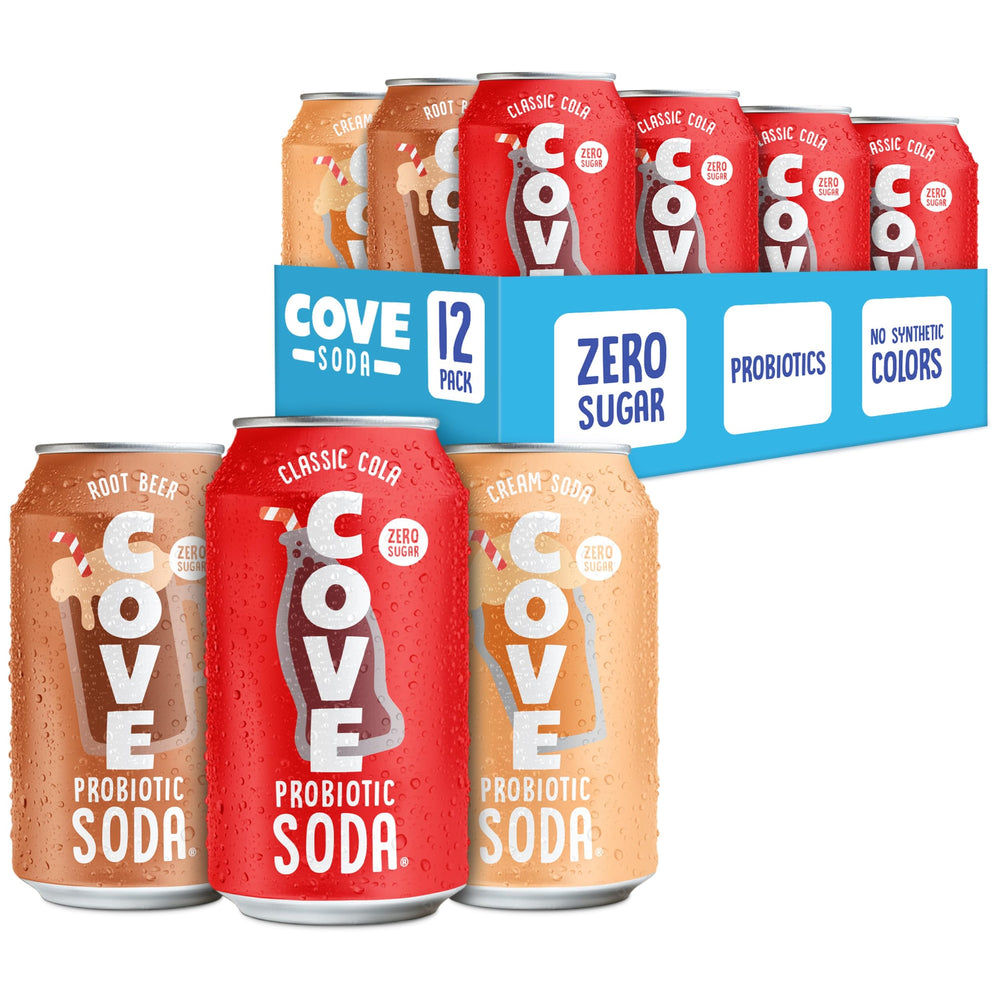 Cove Soda Root Beer can with probiotics and zero sugar for a refreshing nostalgic sip.