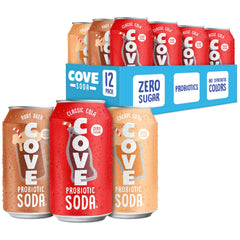 Cove Soda Root Beer can with probiotics and zero sugar for a refreshing nostalgic sip.