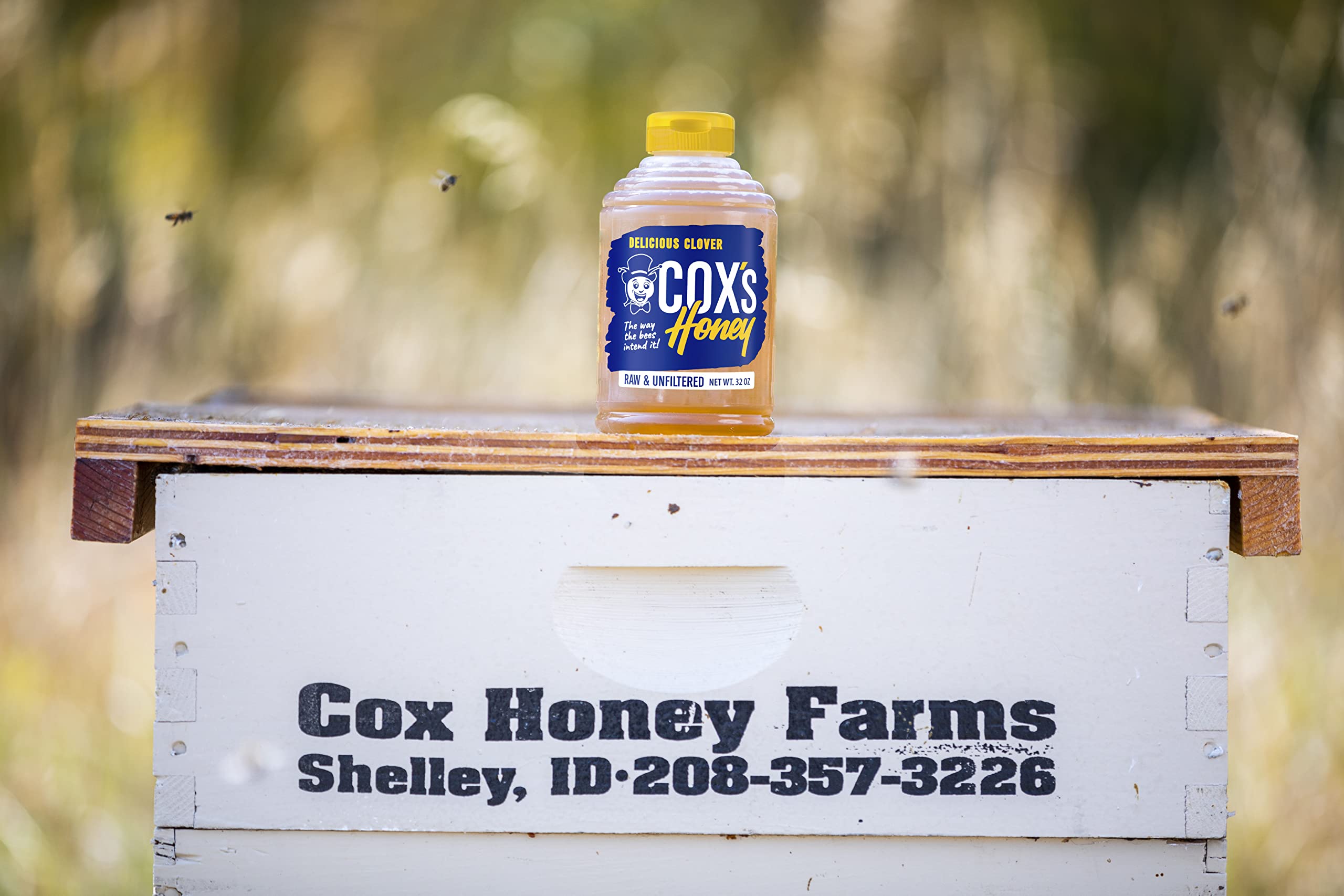 Cox's Honey label closeup—family-owned craft and pure clover honey.