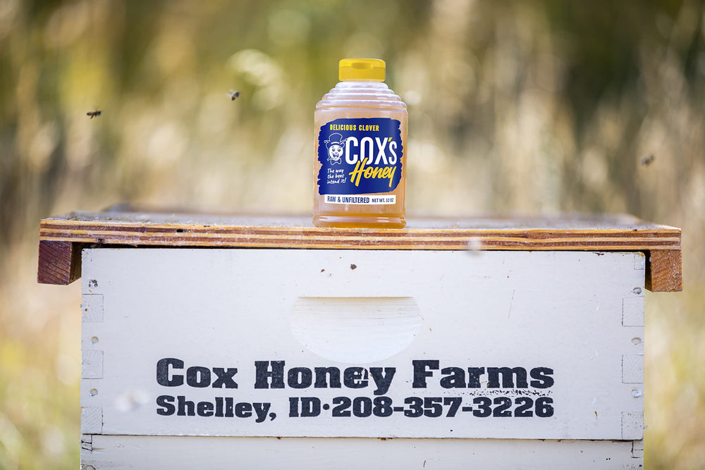 Cox's Honey label closeup—family-owned craft and pure clover honey.
