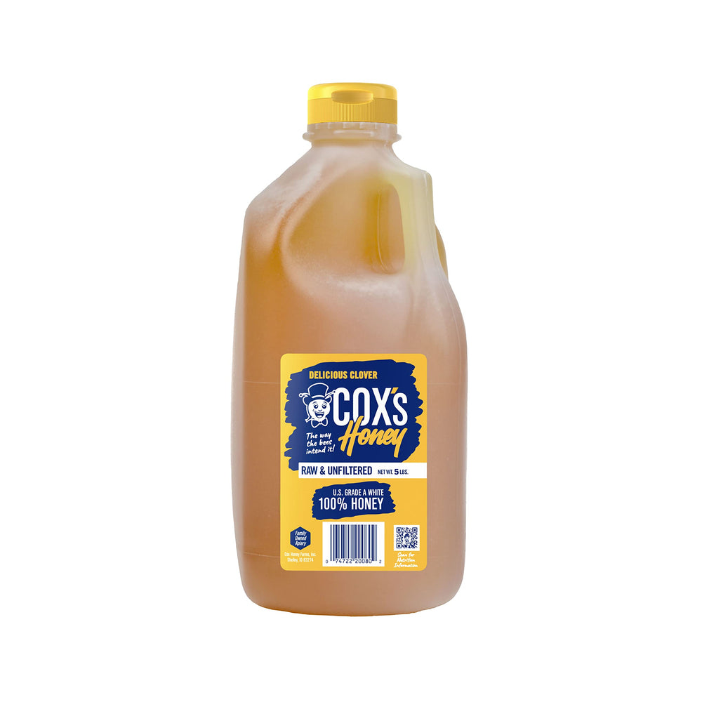 Cox's Honey clover honey 5lb jar front view, pure and versatile for daily use.