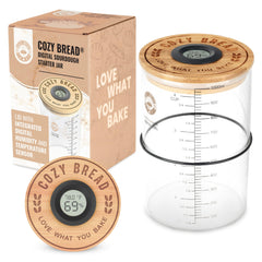 Cozy Bread digital sourdough starter jar with thermometer display for real-time fermentation monitoring.