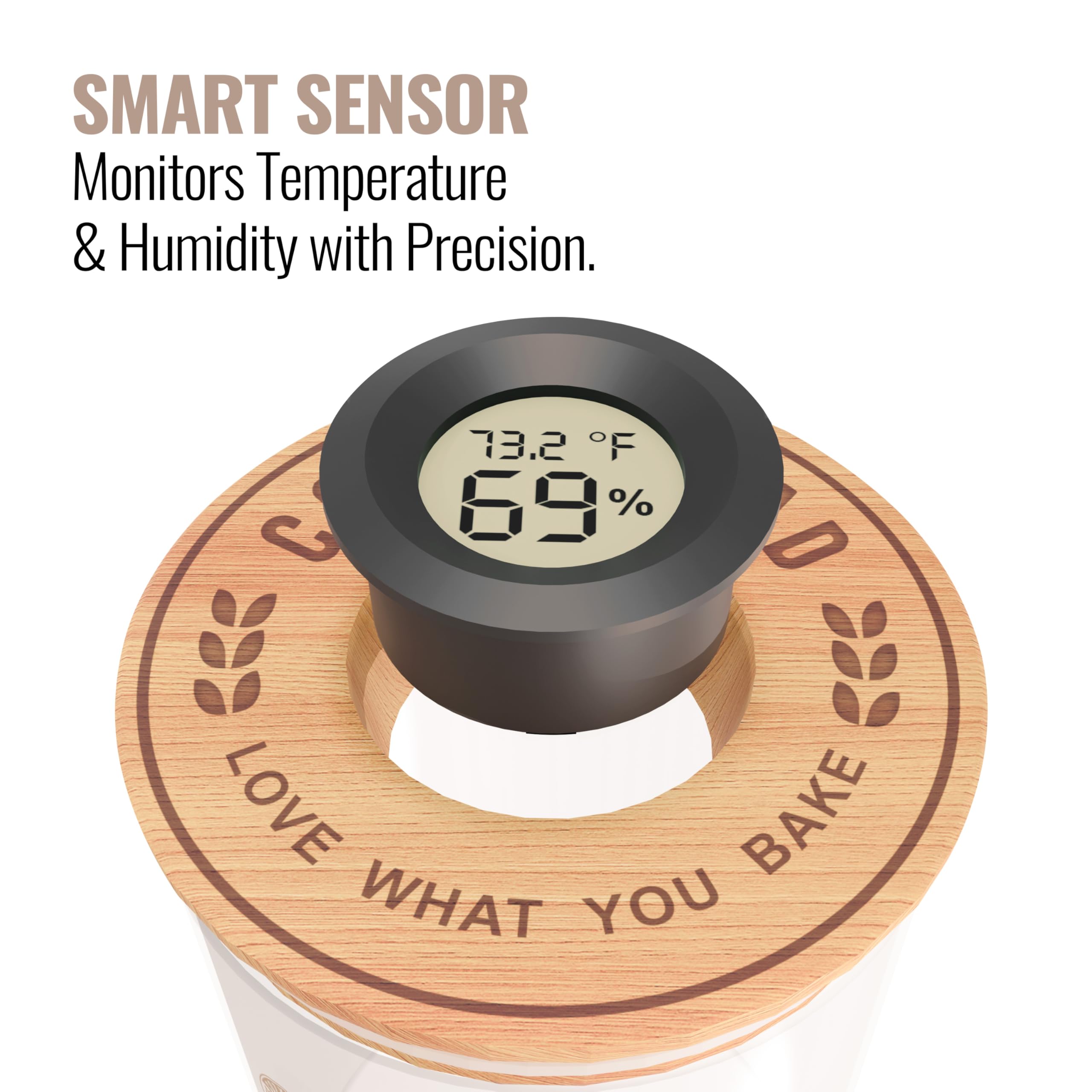 Cozy Bread digital thermometer display on sourdough starter jar for precise readings.