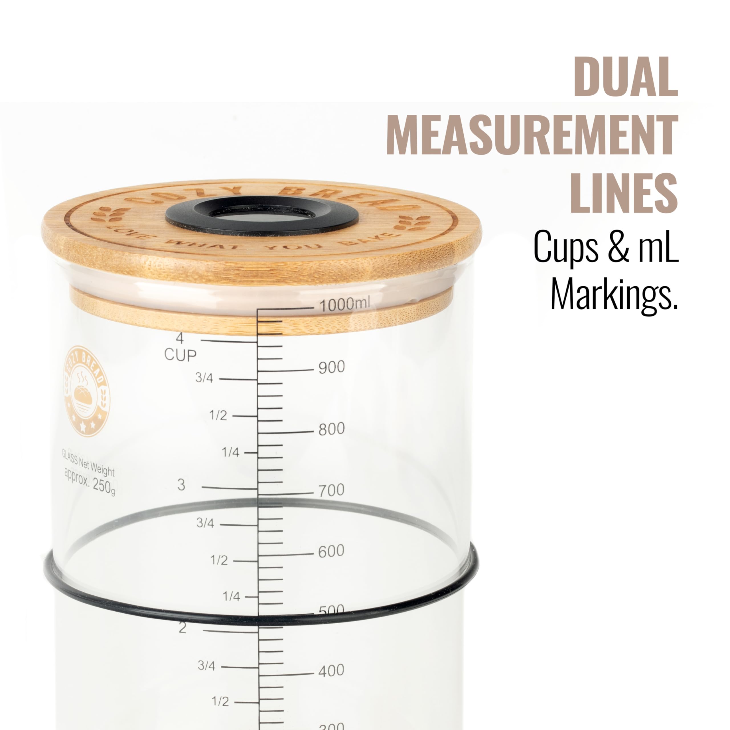 Cozy Bread glass jar with wide mouth for easy feeding and cleaning.