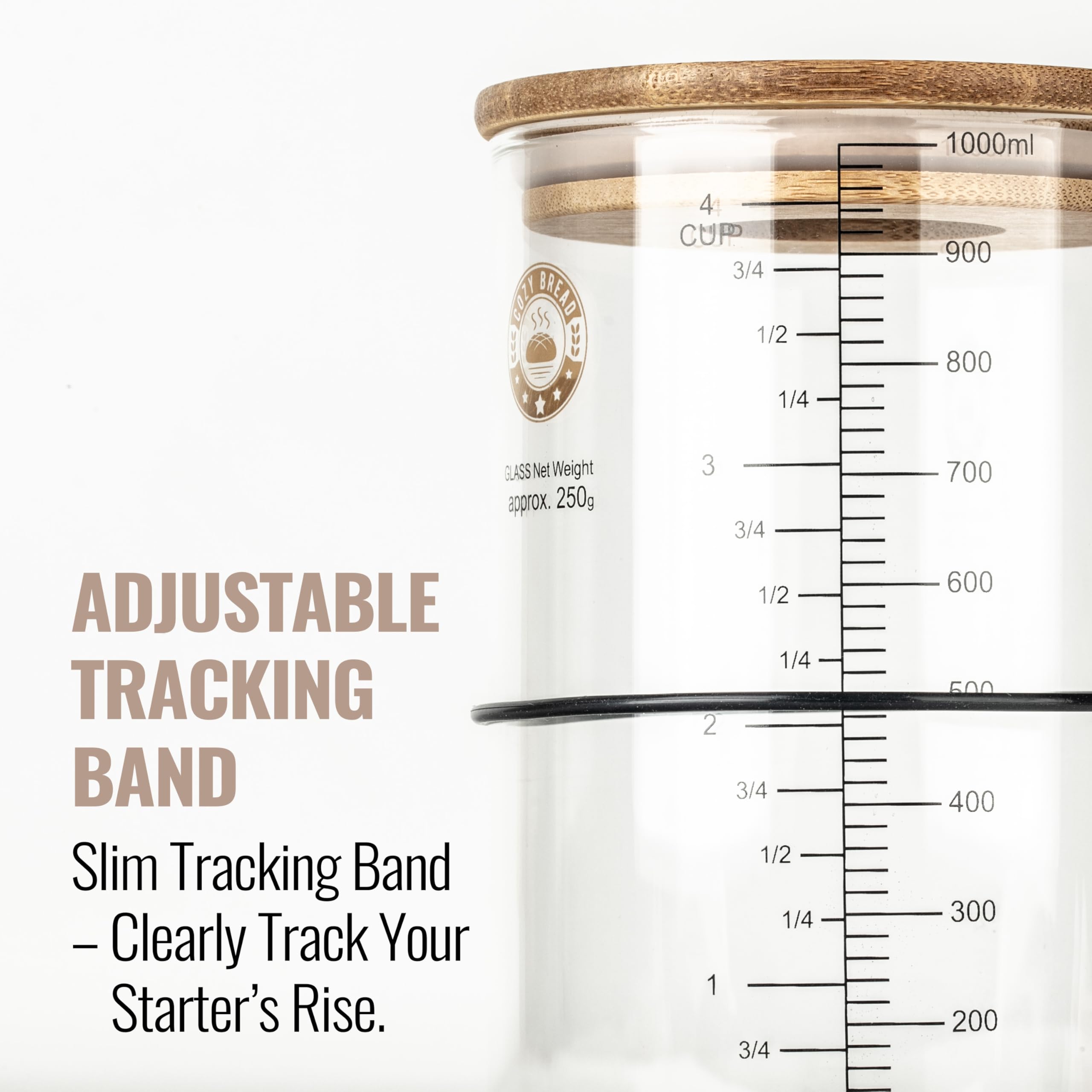 Cozy Bread measurement markings to track starter growth at a glance.