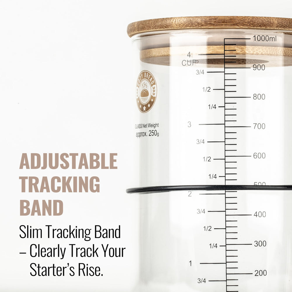 Cozy Bread measurement markings to track starter growth at a glance.