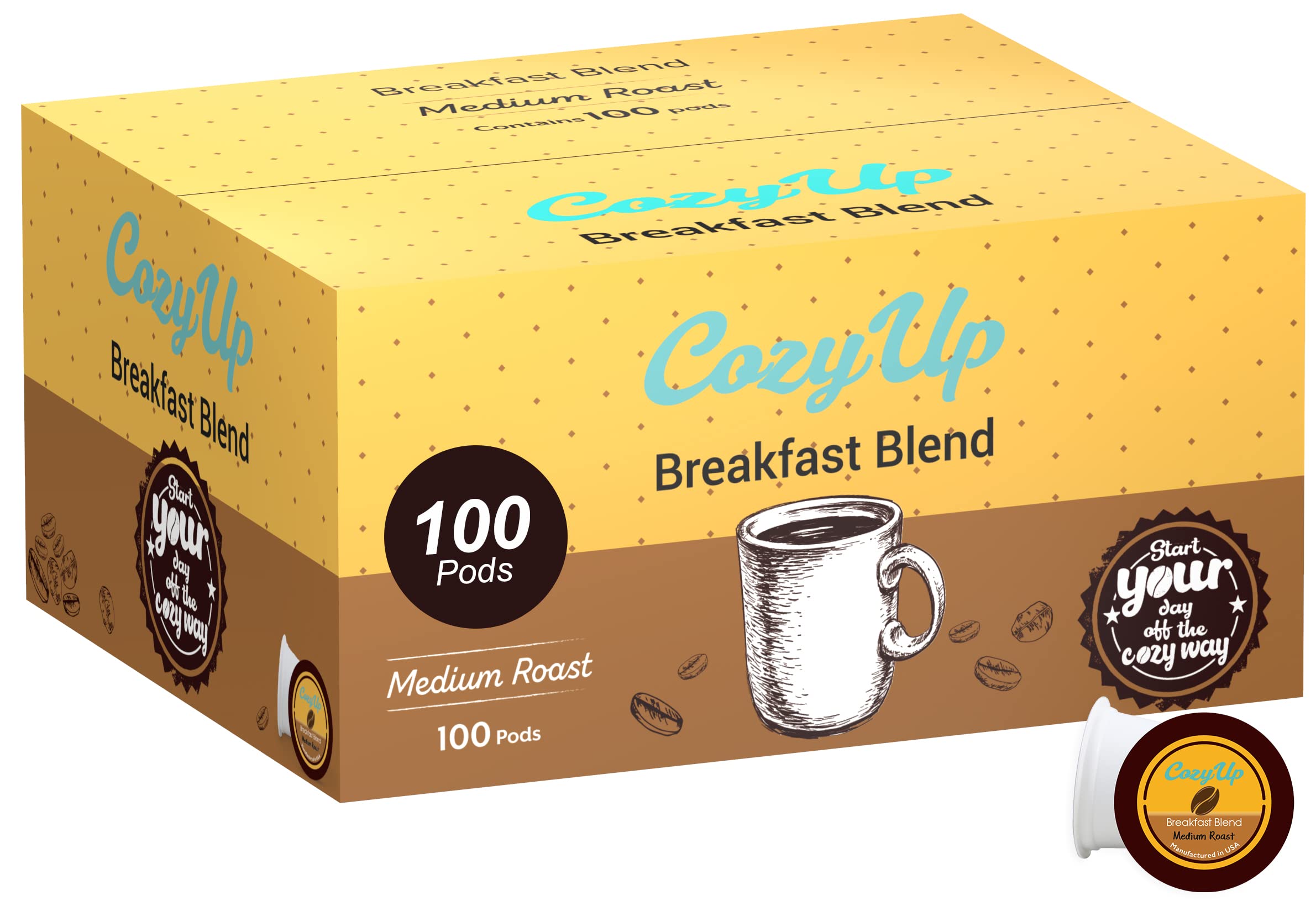 Cozy Up 100-count breakfast blend pods packaging for easy stocking.
