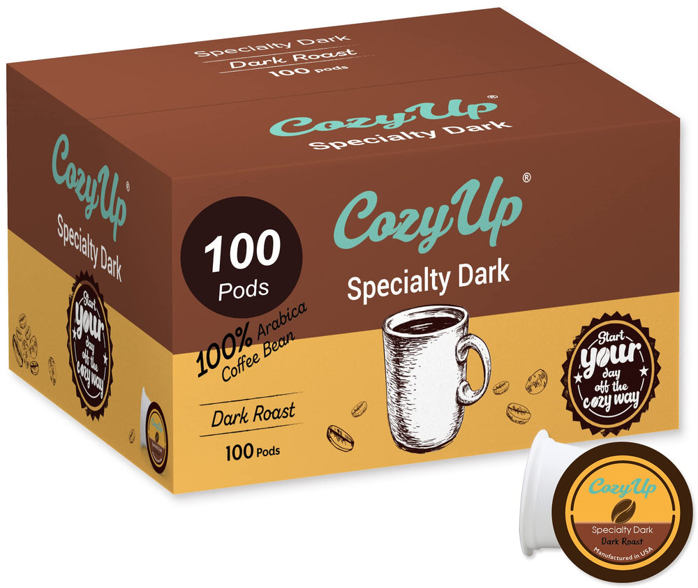 Cozy Up 100-count pack shot of dark roast pods for convenient daily brewing.