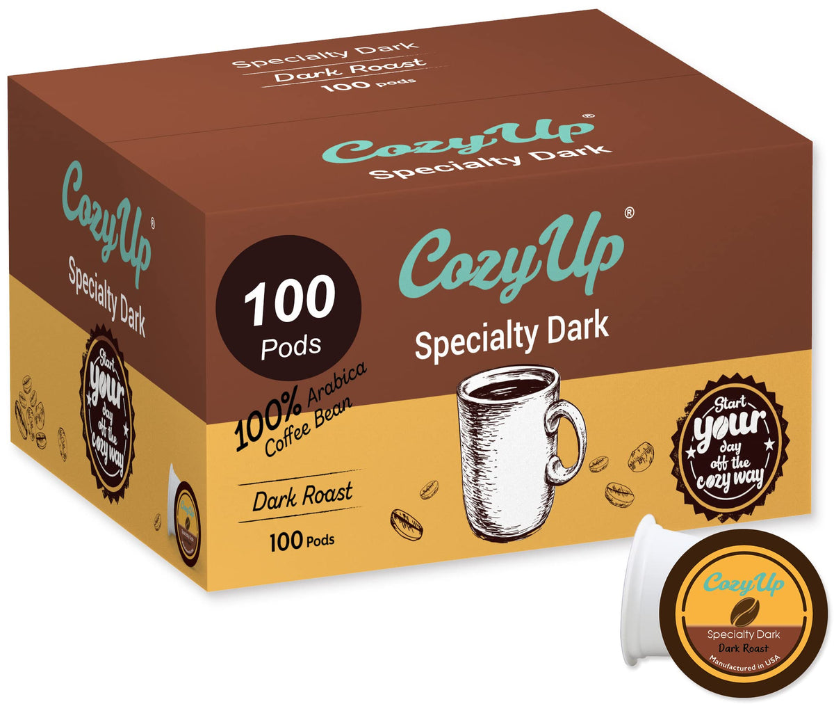Cozy Up 100-count pack shot of dark roast pods for convenient daily brewing.