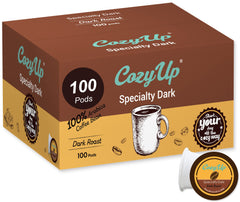 Cozy Up 100-count pack shot of dark roast pods for convenient daily brewing.