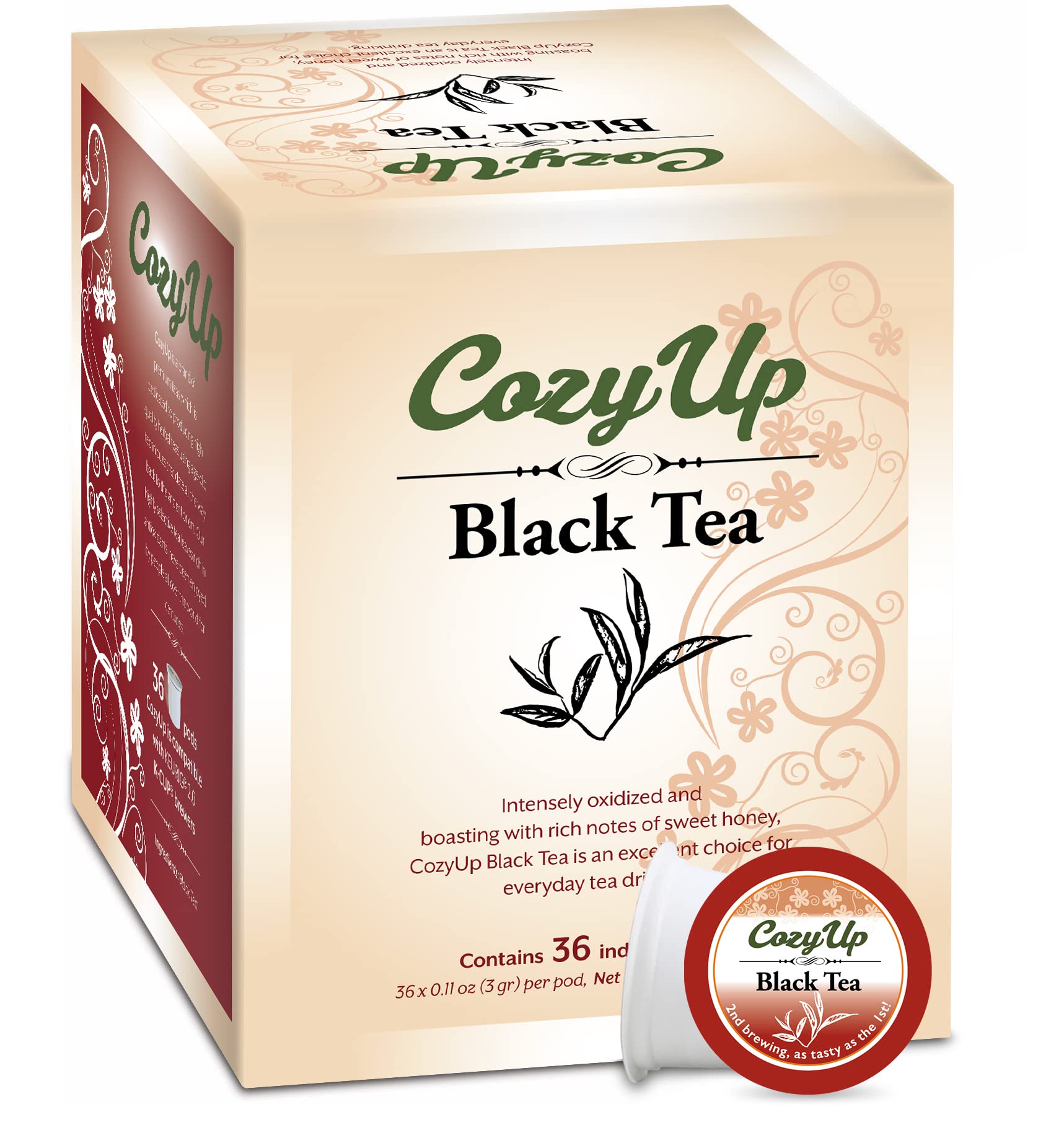 Cozy Up Black Tea K-Cup Pod on the box front, ideal for quick everyday tea.