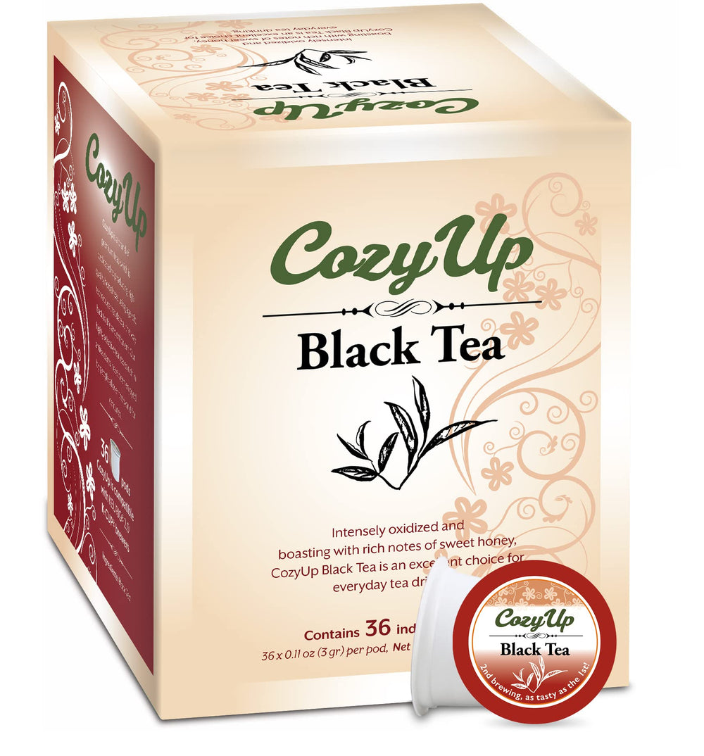 Cozy Up Black Tea K-Cup Pod on the box front, ideal for quick everyday tea.