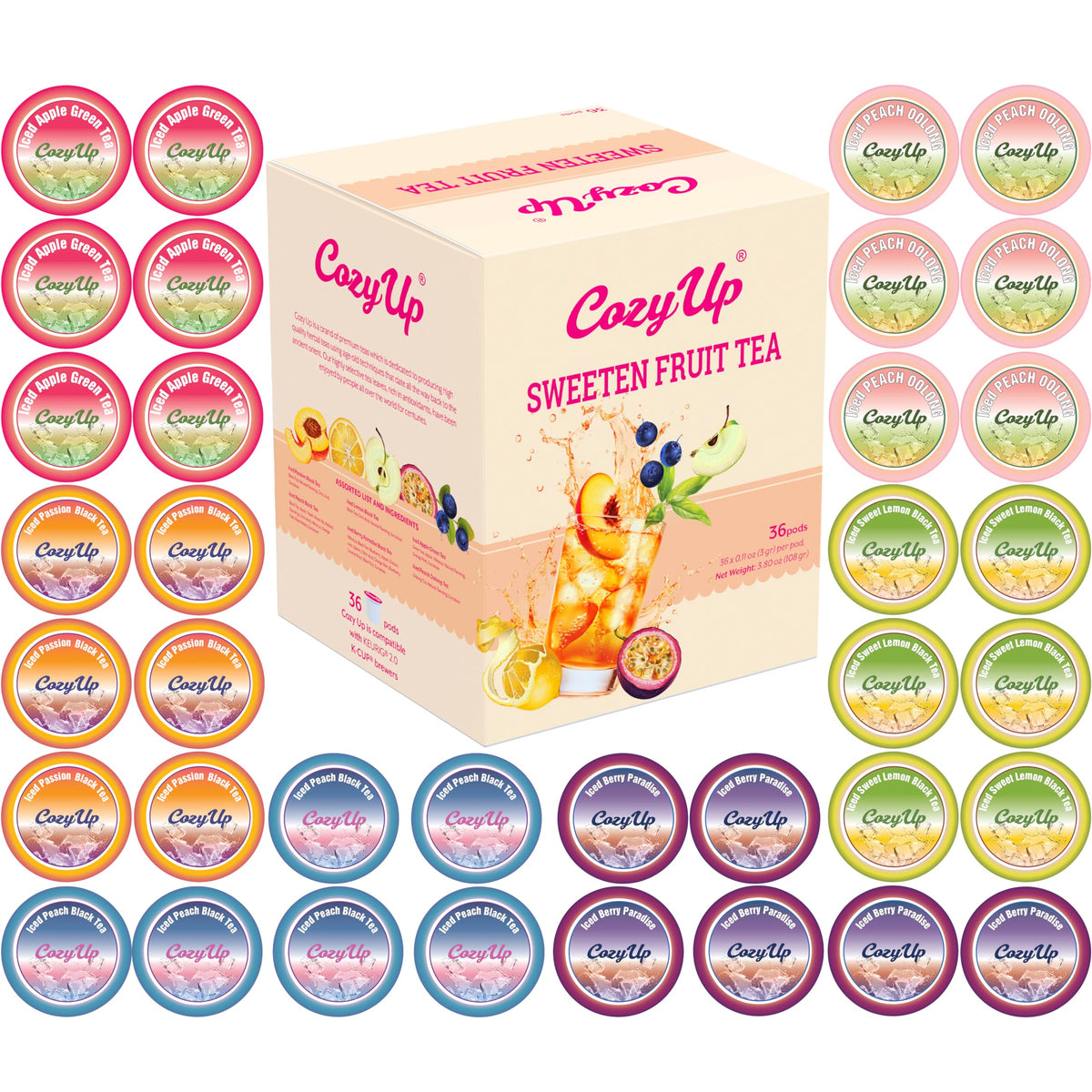 Cozy Up iced fruit tea variety pack box with six flavors for refreshing cold brews