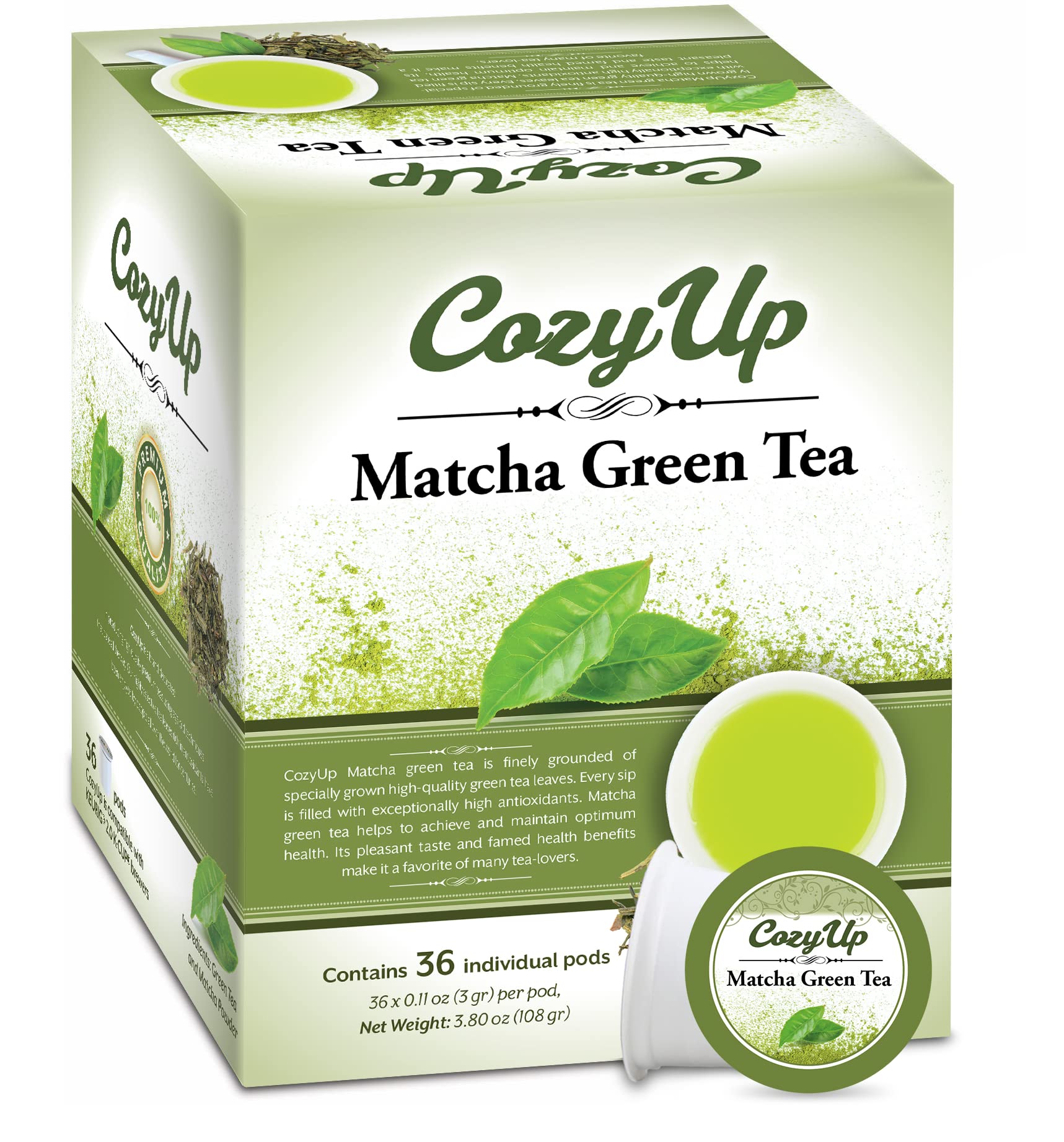 Cozy Up matcha K-Cup pods in a packshot, convenient tea in seconds