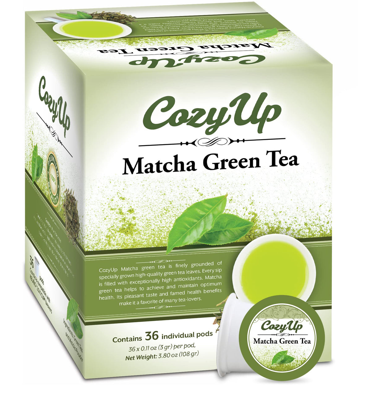 Cozy Up matcha K-Cup pods in a packshot, convenient tea in seconds