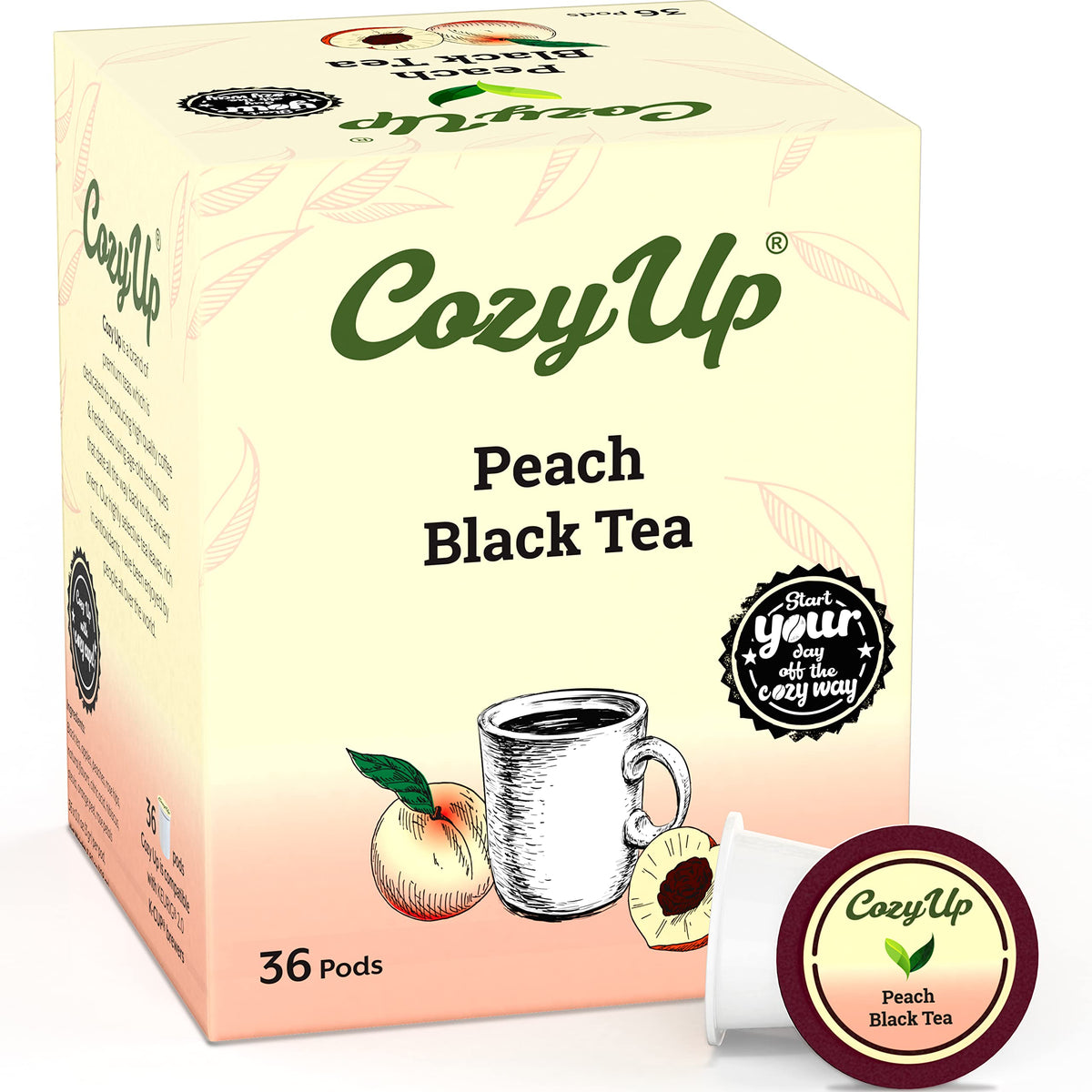 Cozy Up Peach Black Tea K-Cup Pods pack for quick caffeine boost