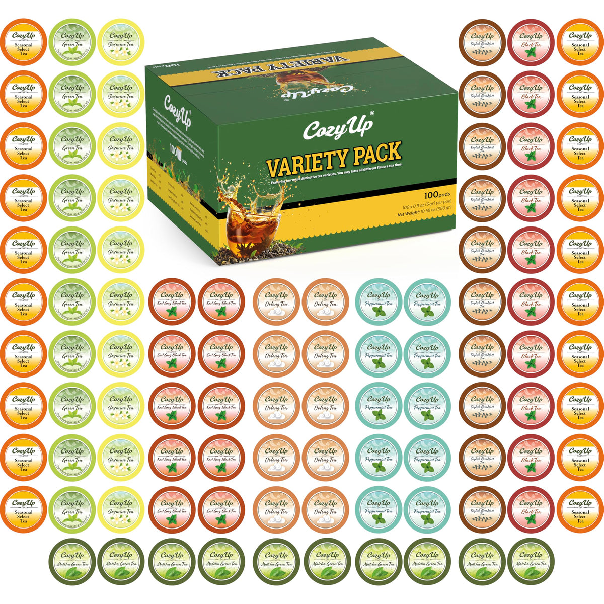 Cozy Up 100-count tea variety pack box for daily flavor options.