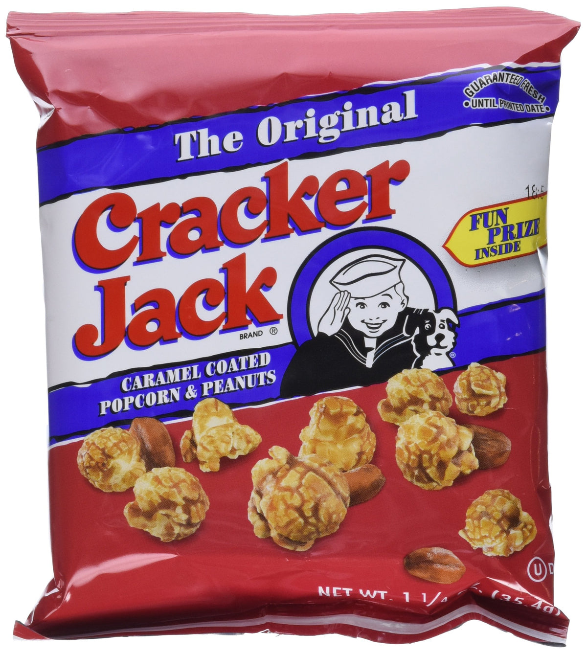 Cracker Jack caramel popcorn and peanuts in a 7-bag box, ideal for on-the-go snacking.