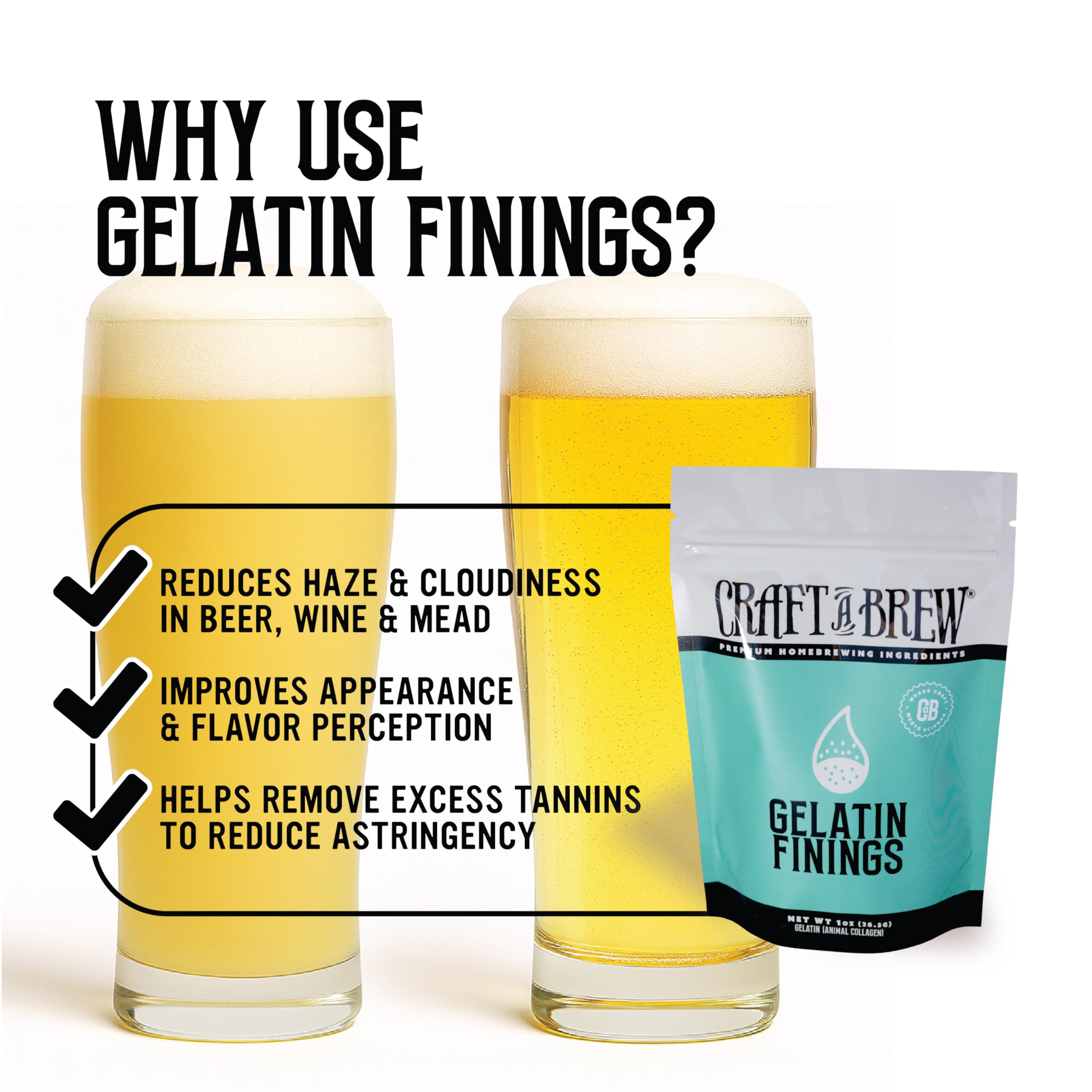 Craft A Brew Gelatin Finings stirred into the fermenter for clearer results.