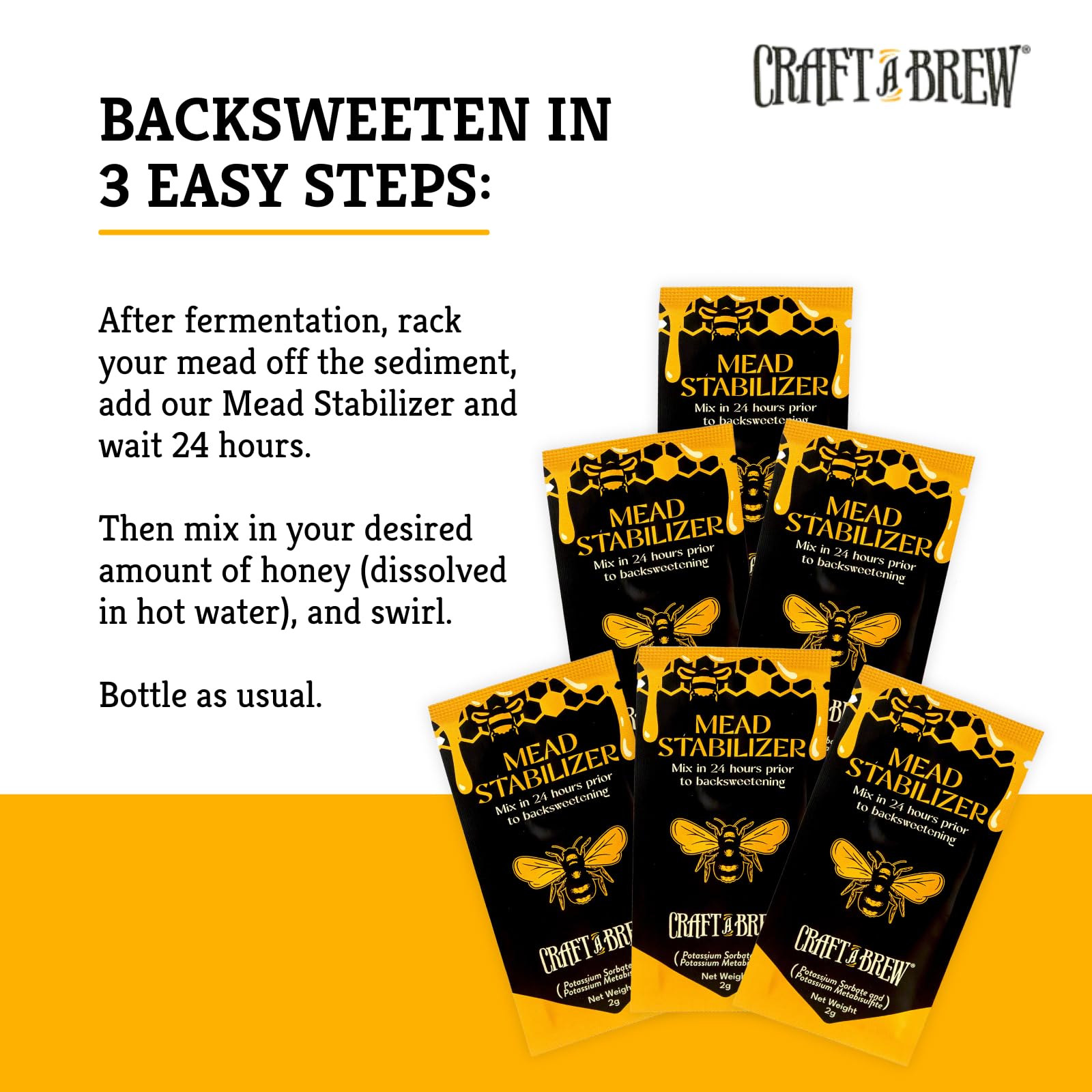 Craft A Brew Mead Stabilizer storage near the brewing area signals long-term usability.