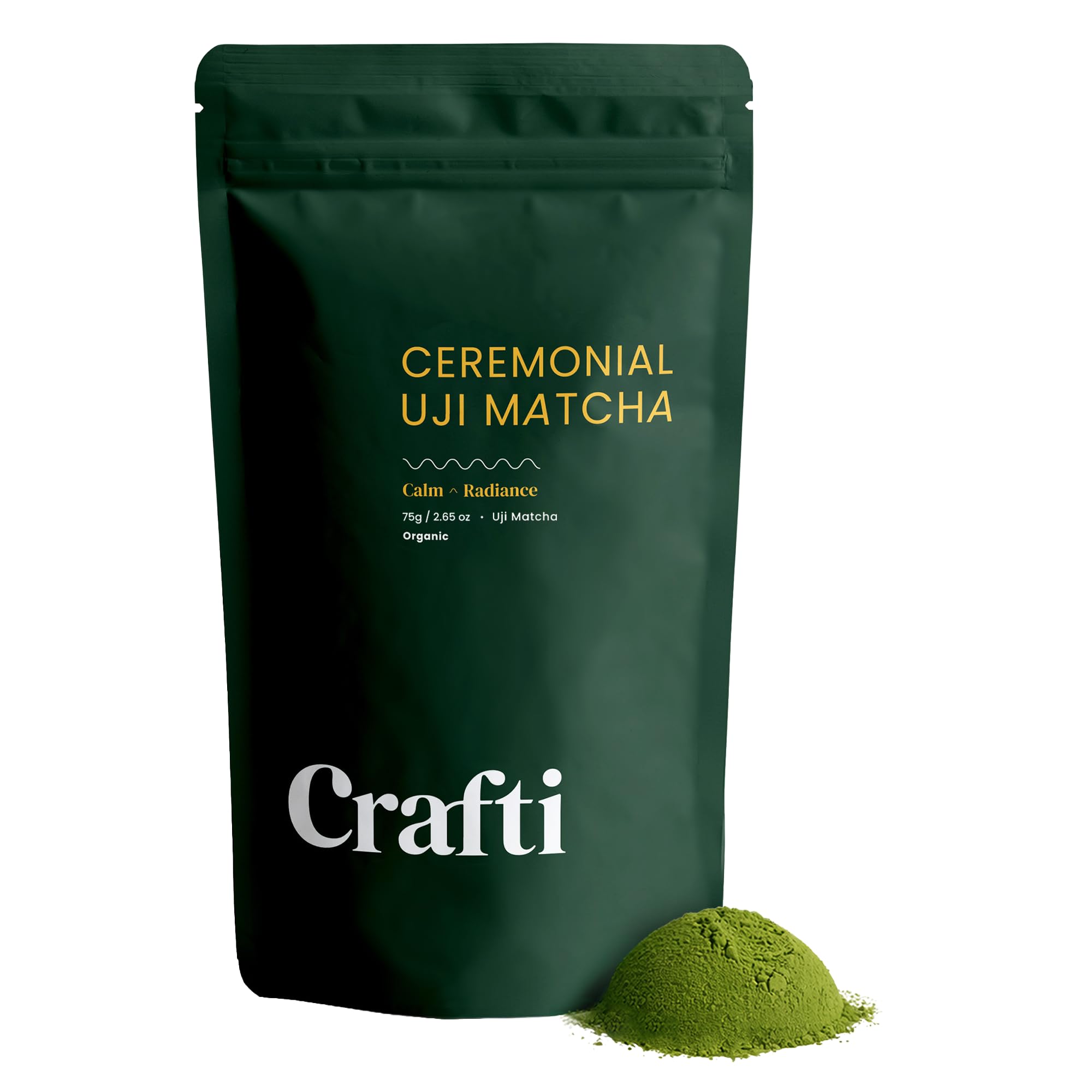 Crafti ceremonial-grade matcha powder tin close-up for daily rituals with vibrant color.
