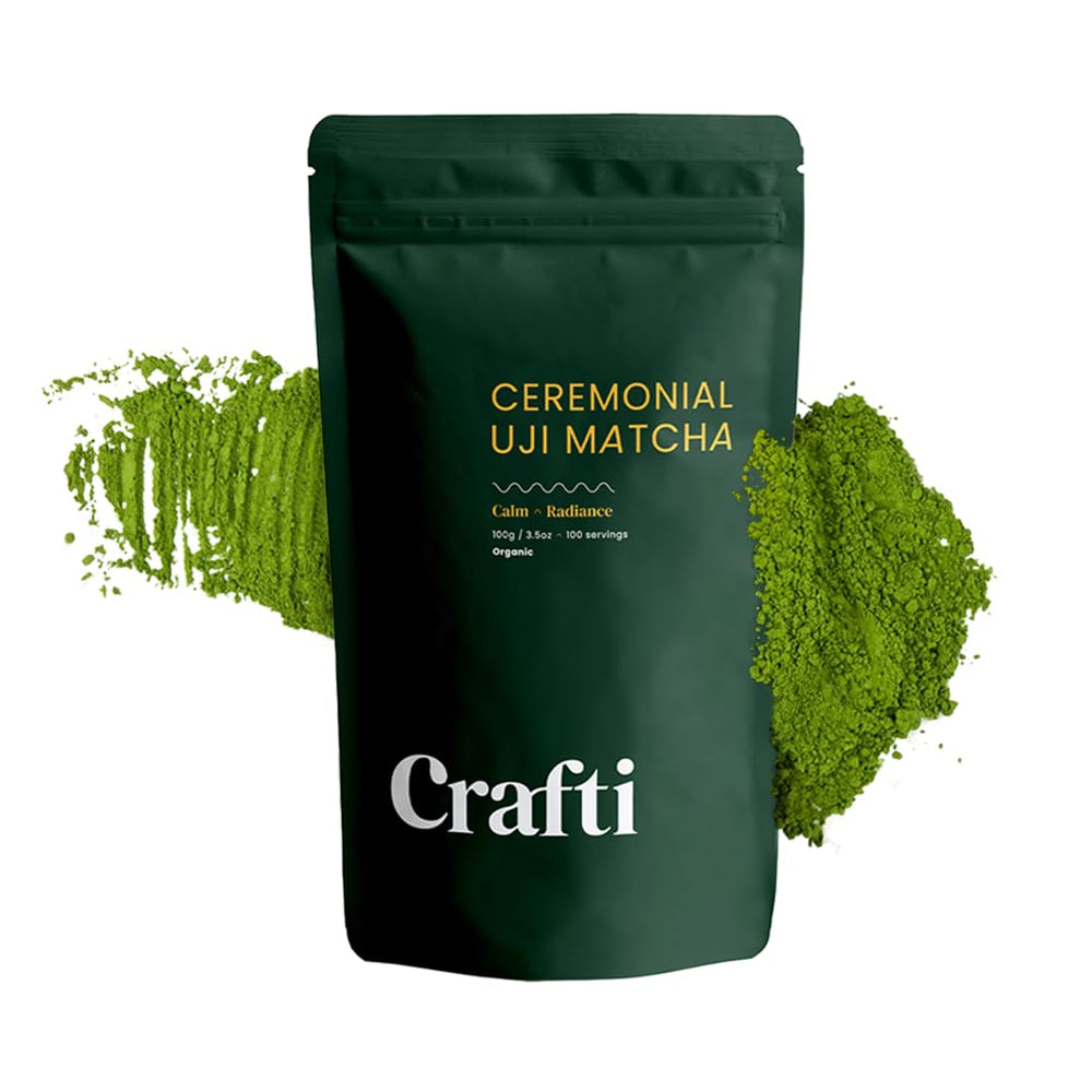 Crafti ceremonial matcha powder jar close-up, ideal for barista-style lattes at home.
