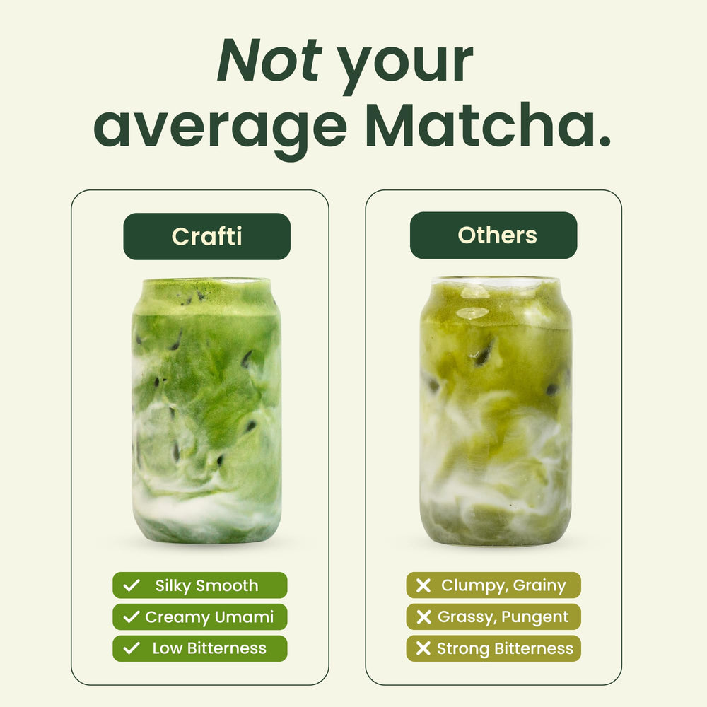 Crafti organic matcha tin with scoop, showcasing ceremonial grade flavor for daily rituals.