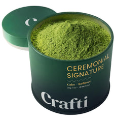 Crafti Signature ceremonial matcha packaging highlights premium quality and gift-ready appeal.