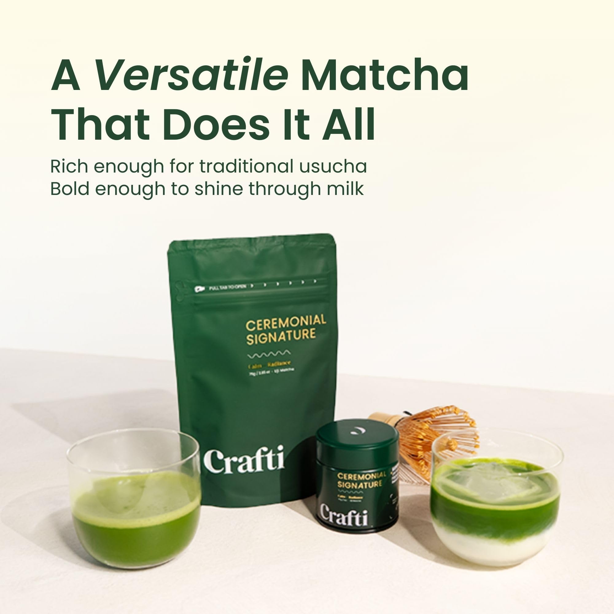 Crafti Signature prepared matcha in cup with foam shows smooth, inviting texture.