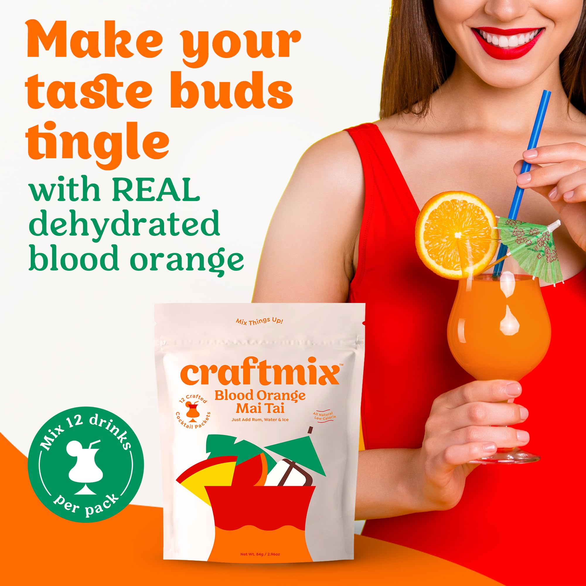 Craftmix Blood Orange Mai Tai glass with garnish shows a light, low-calorie option.