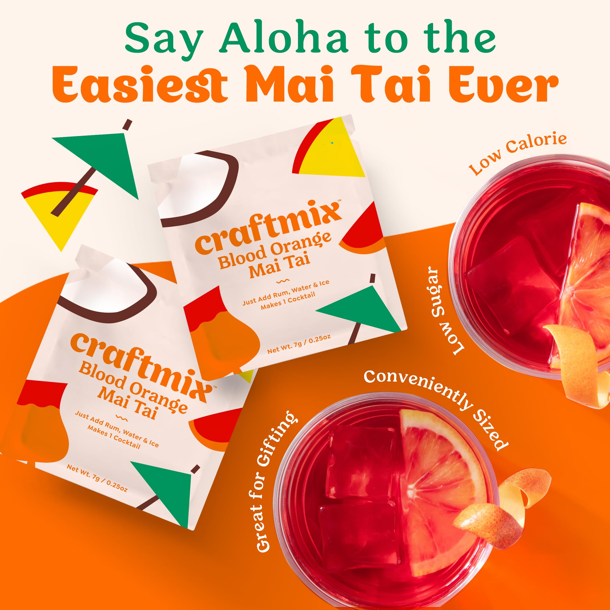 Craftmix Blood Orange Mai Tai packet on a kitchen counter highlights natural ingredients.
