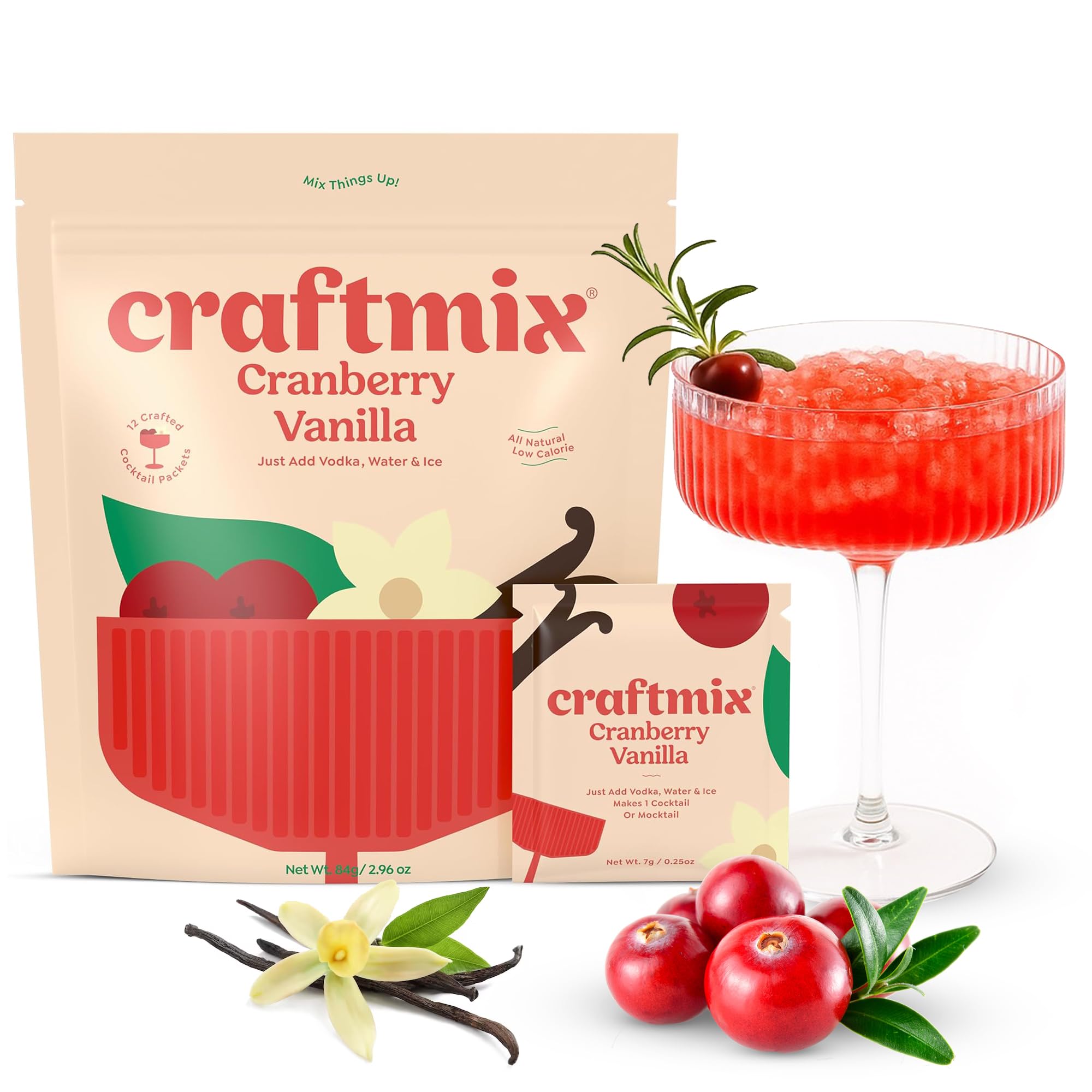 CraftMix Cranberry Vanilla packet close-up for quick, real-fruit flavor in drinks