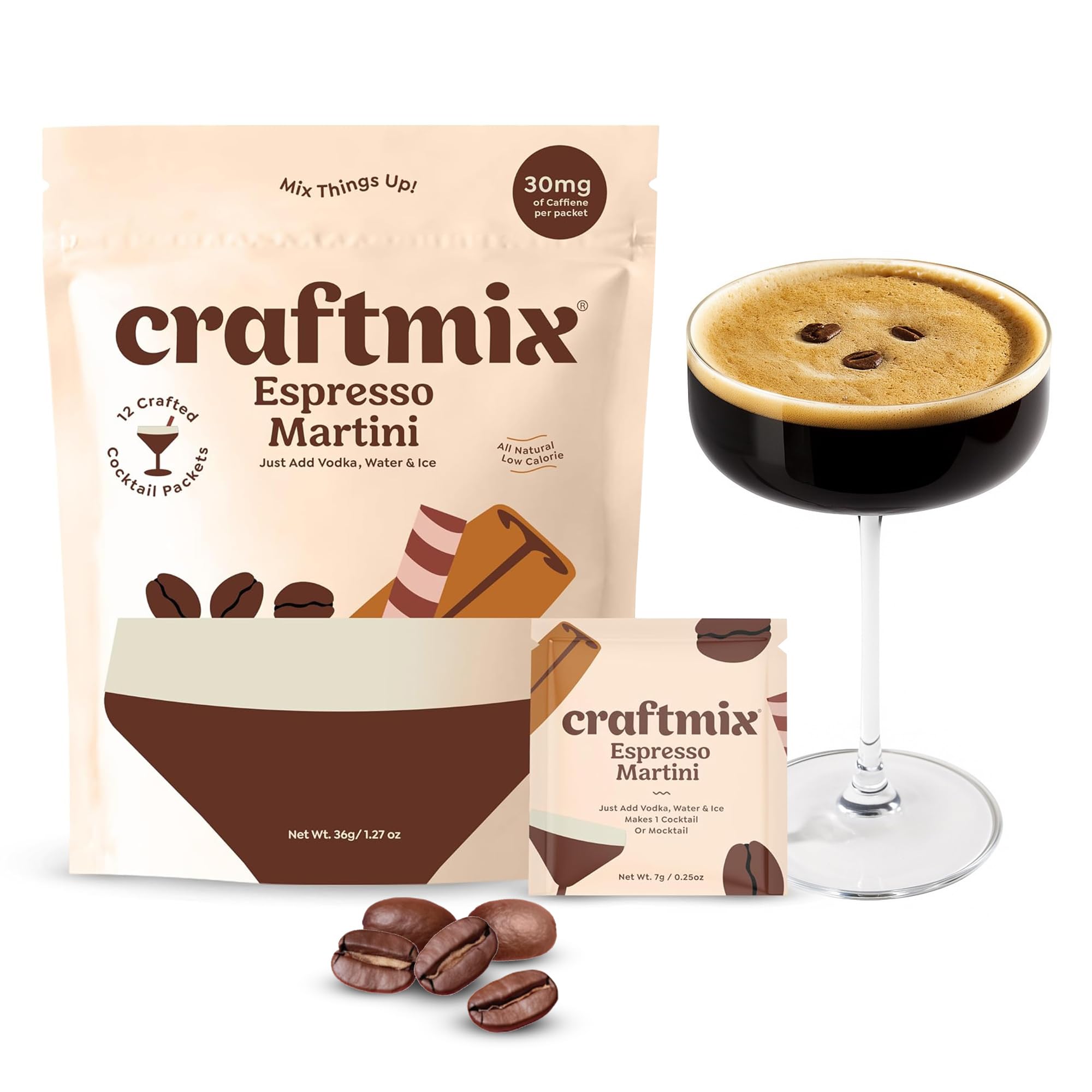 Craftmix Espresso Martini box on kitchen counter, convenient party mixer.