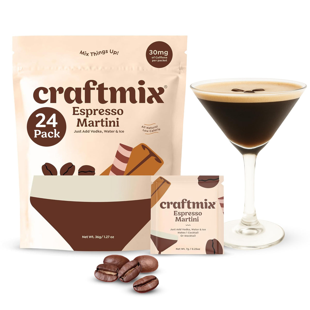 Craftmix espresso-martini mixer packaging shows ready-to-use flavor packets