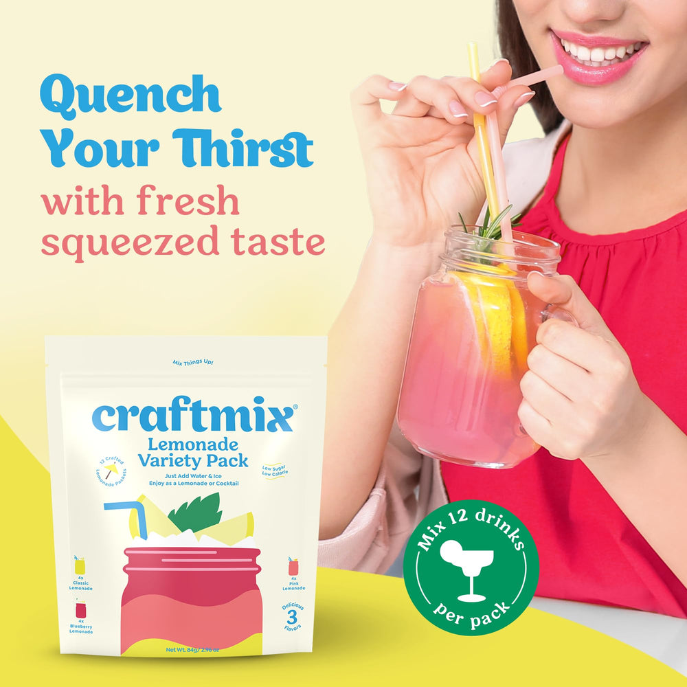 CraftMix Lemonade Blueberry glass shows a sparkling drink with real fruit hint.