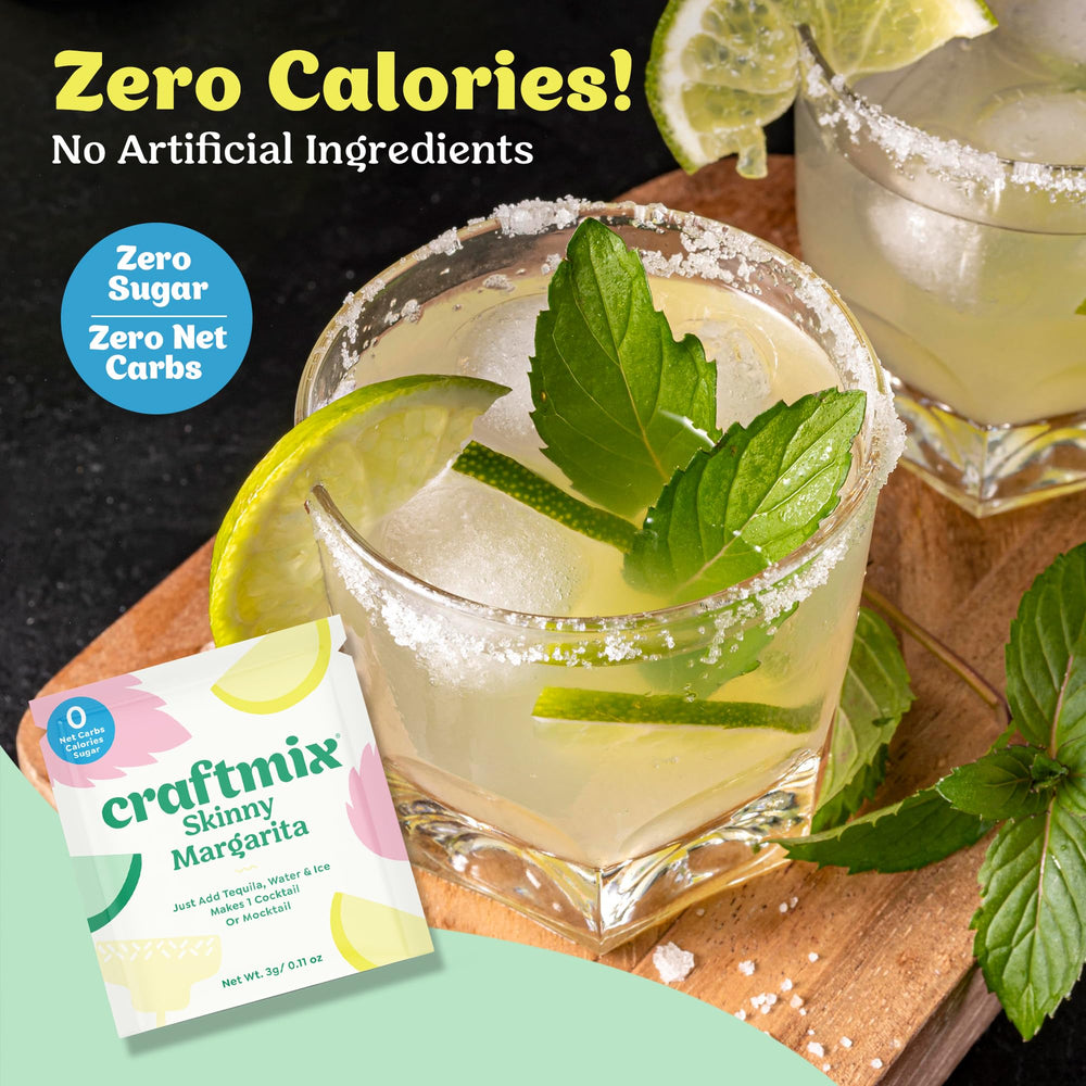 CraftMix Skinny Margarita ingredients card highlighting vegan and non-GMO values