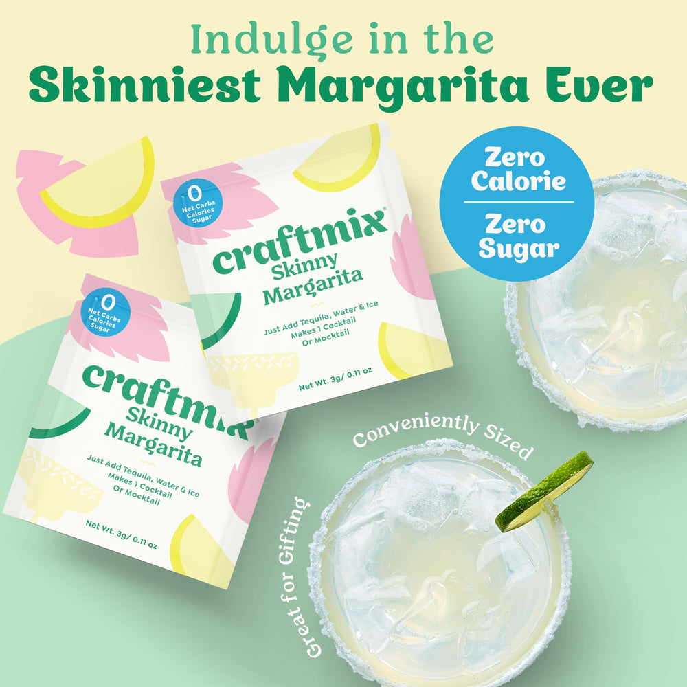 CraftMix Skinny Margarita pour-ready packet beside tequila and ice for instant cocktails