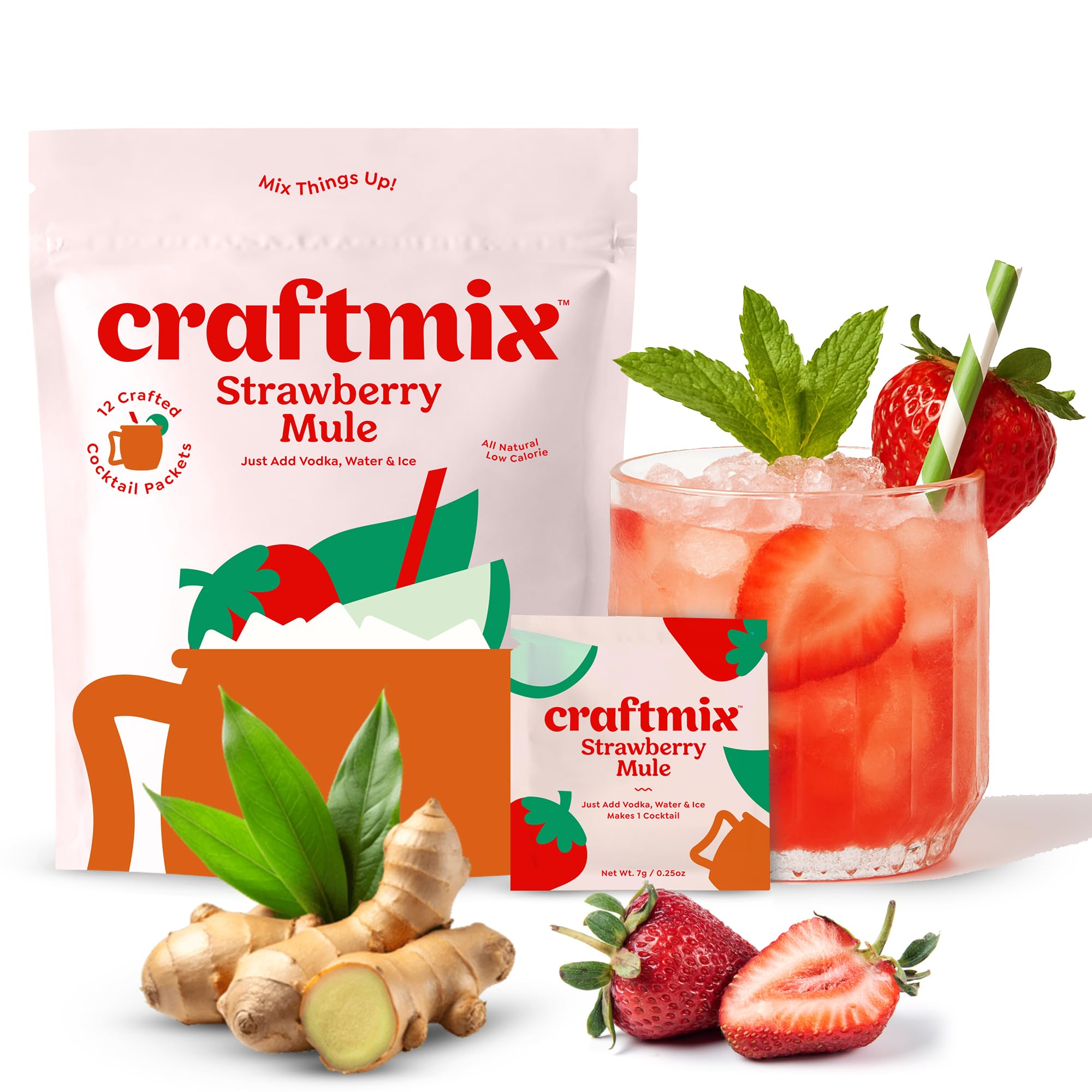 Craftmix Strawberry Mule packet closeup for quick 60-second drinks.